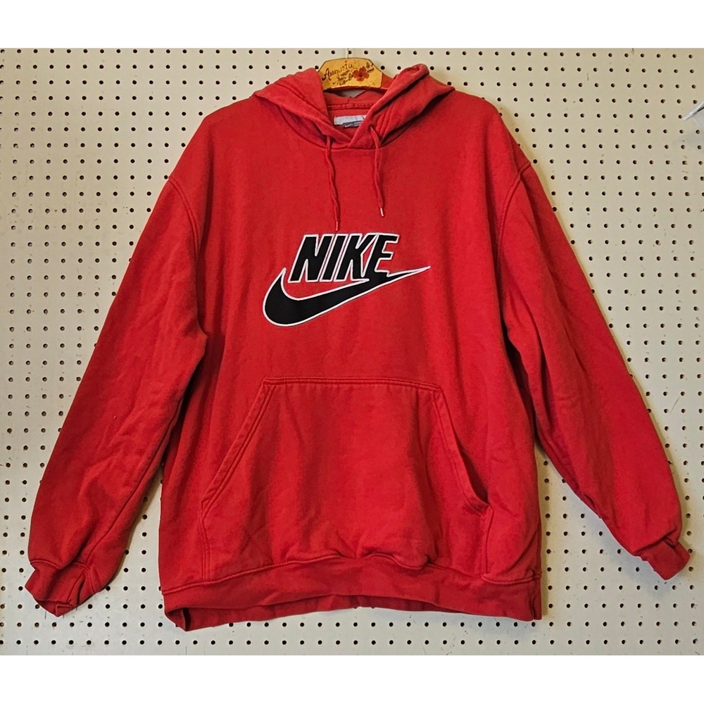 Nike Mens XXL Red Spellout Swoosh Fleece Hoodie Pullover Y2K